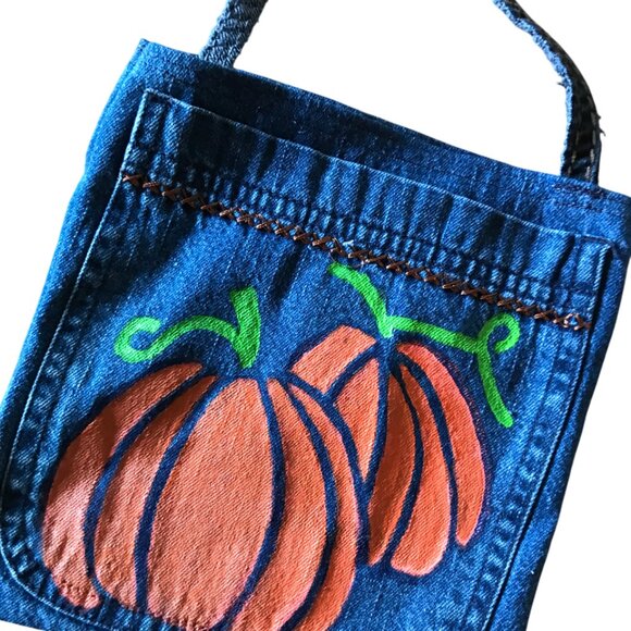 Handmade Crossbody Bag: Recycled Denim Cell Phone Holder, Autumn Painted Pumpkin - Picture 9 of 11